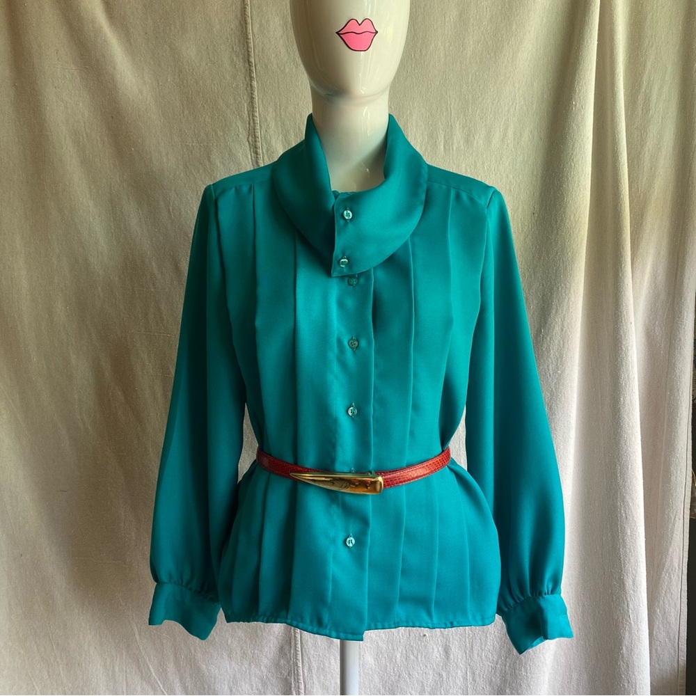 Vintage 1980s Electric Teal Pleated Button-Up Women's with Unique Collar S/M